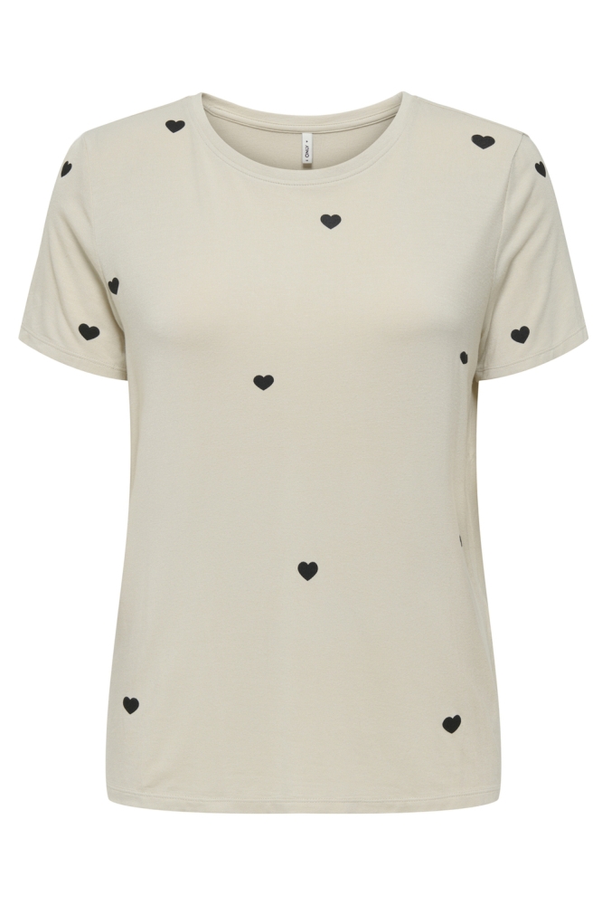 ONLKARLI S/S REG O-NECK HEART TOP C 15353014 PUMICE STONE/KENI HEARTS BLACK